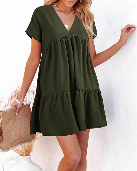 Women's  Casual V-Neck Pleated A-Line Flowy Mini Summer Dress