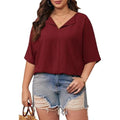 Women's Plus Size V-Neck Short Sleeve Casual Linen Shirt