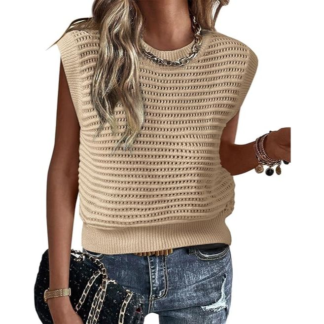 Women's Crew Neck Crochet Hollow Out Knitted Tank Vest
