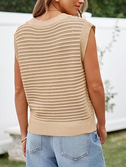 Women's Crew Neck Crochet Hollow Out Knitted Tank Vest